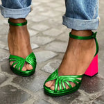 Bi-color ankle-strap sandals, green straps, pink block heel