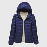 Lightweight puffer jacket with hood, dark navy, full-zip front and quilted panels