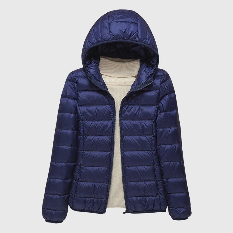Lightweight puffer jacket with hood, dark navy, full-zip front and quilted panels