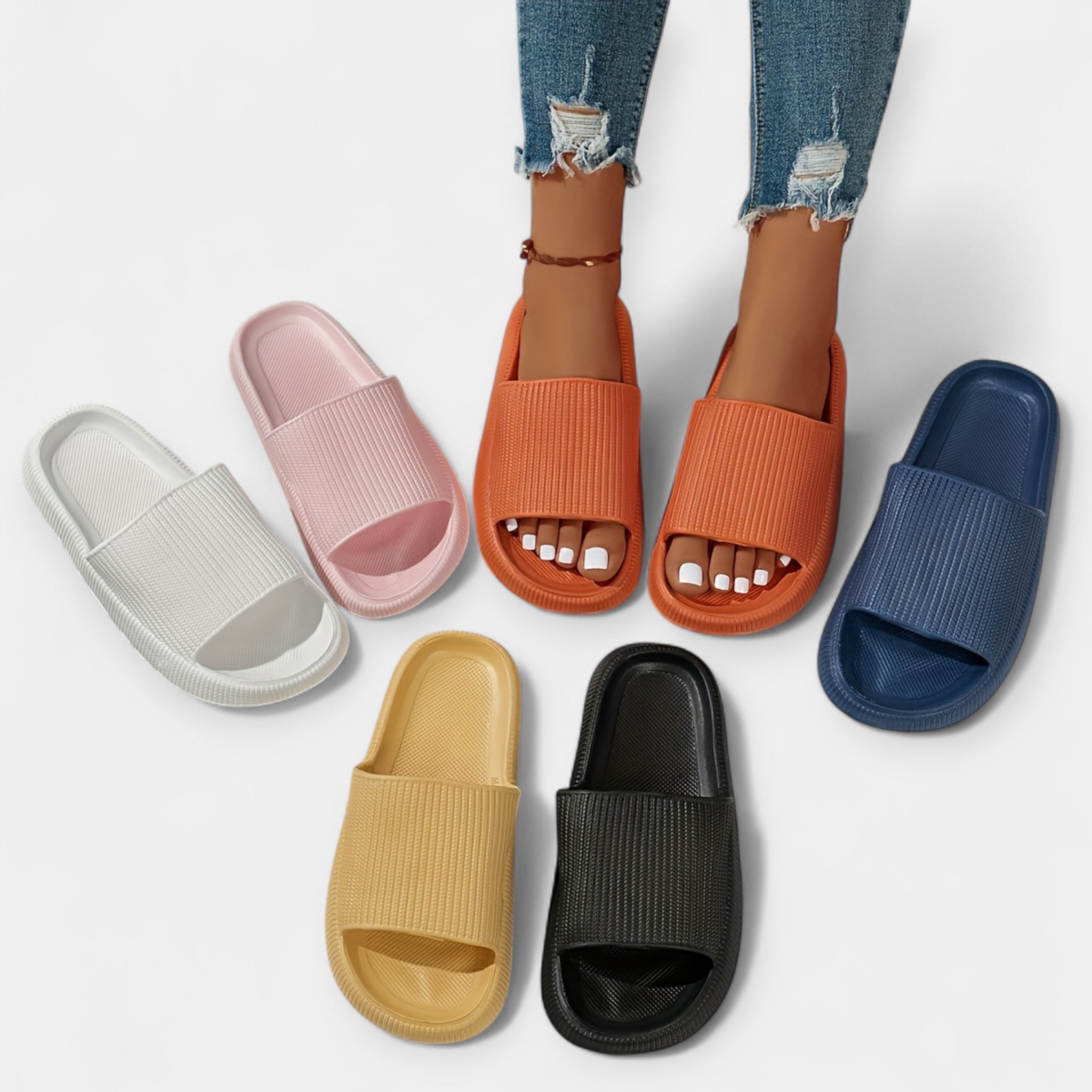Multi-color home and beach slippers: white, pink, orange, tan, black, blue