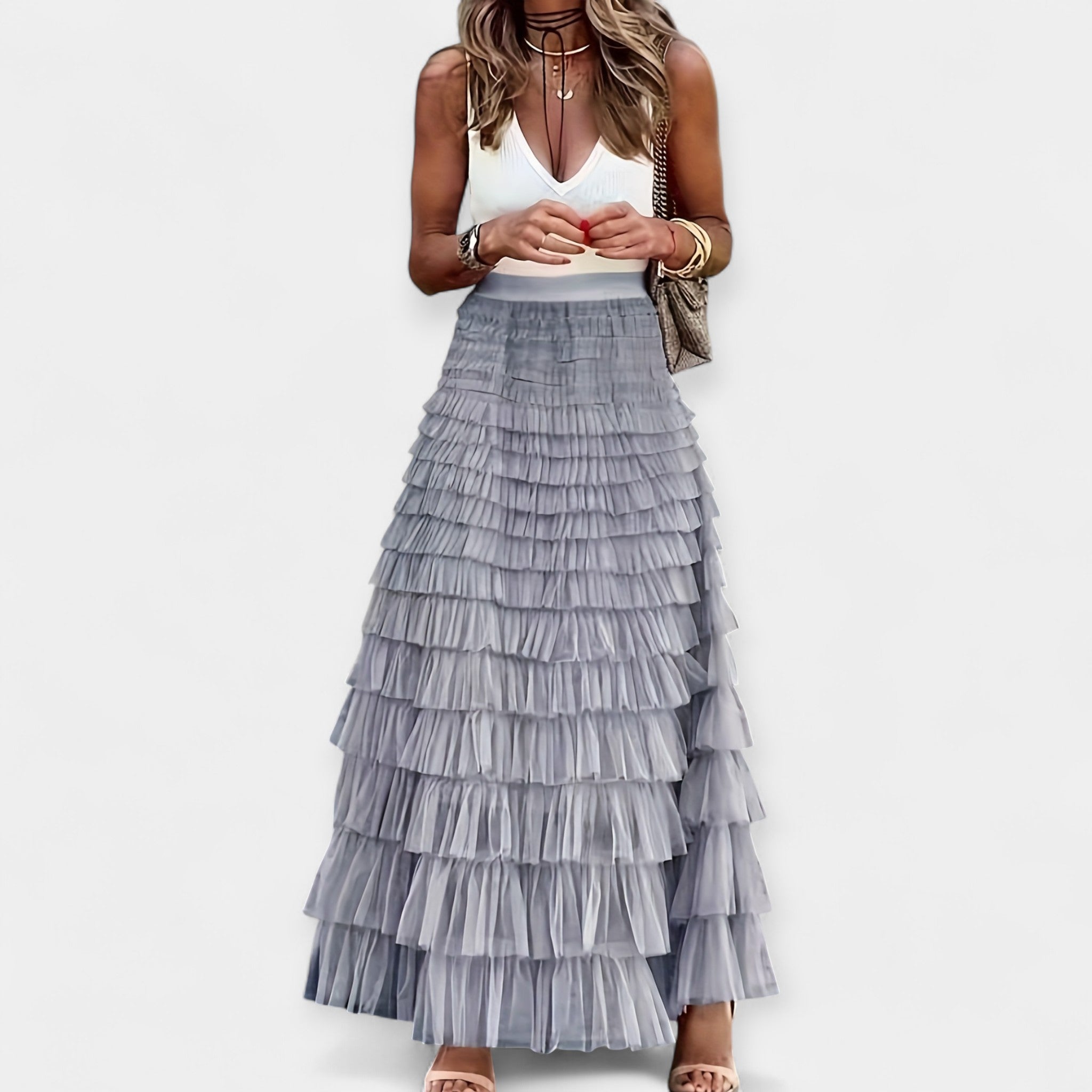 Boho mesh-trim tiered skirt in light gray, layered ruffle tiers with elastic waistband
