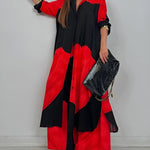 Red and black patchwork print top and wide-leg pants set with button front