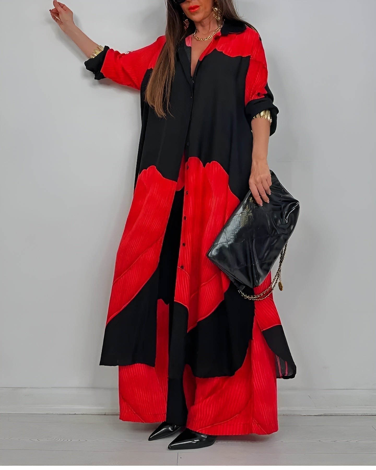 Red and black patchwork print top and wide-leg pants set with button front