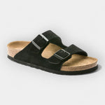 Light summer sandals in dark charcoal with two adjustable buckle straps and cork footbed