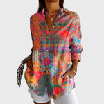 Floral button-up shirt with long sleeves and V-neck, multicolor print