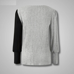 Back view of ivory ribbed knit top with long sleeves and rounded neckline