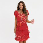 Red striped tiered comfort dress with short sleeves and round neckline