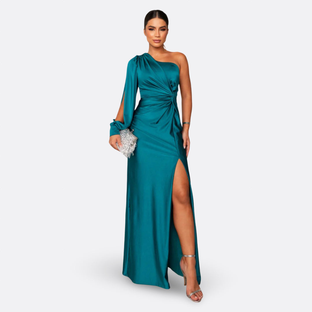 Teal one-shoulder maxi dress with draped sleeve and side slit, ruched waist