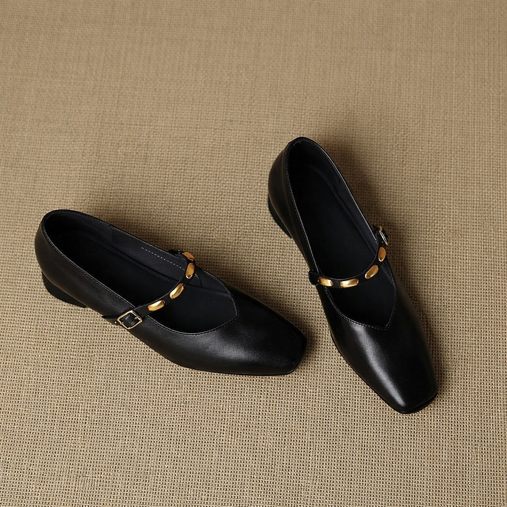 Black leather ballet flats, two-pack pair, with gold buckle strap