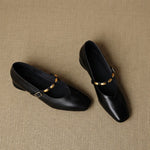 Black leather ballet flats, two-pack pair, with gold buckle strap