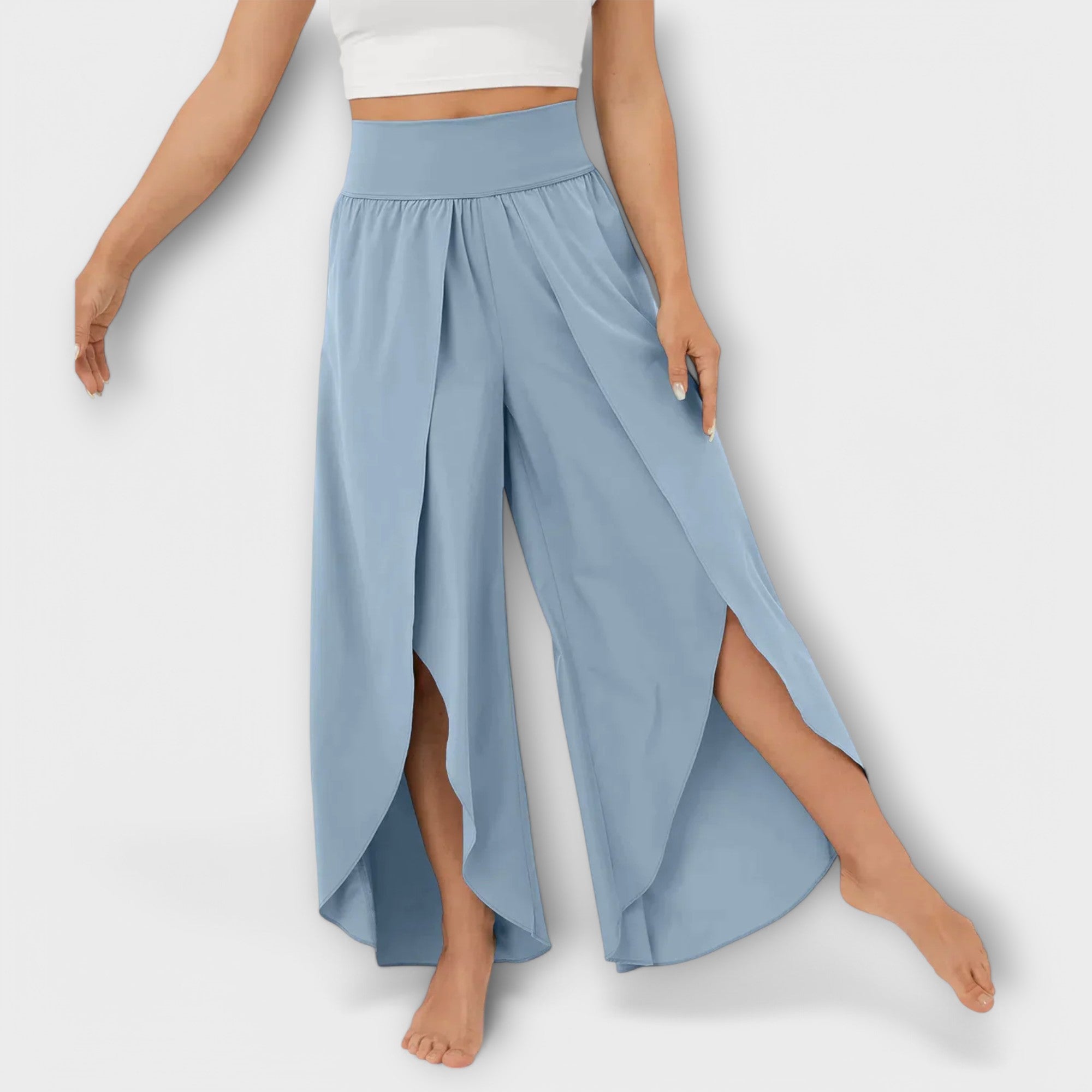 Women’s wide-leg pants with elastic waist, light blue, long side slit draped hem