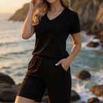 Black cotton V-neck short-sleeve T-shirt and elastic-waist drawstring shorts set
