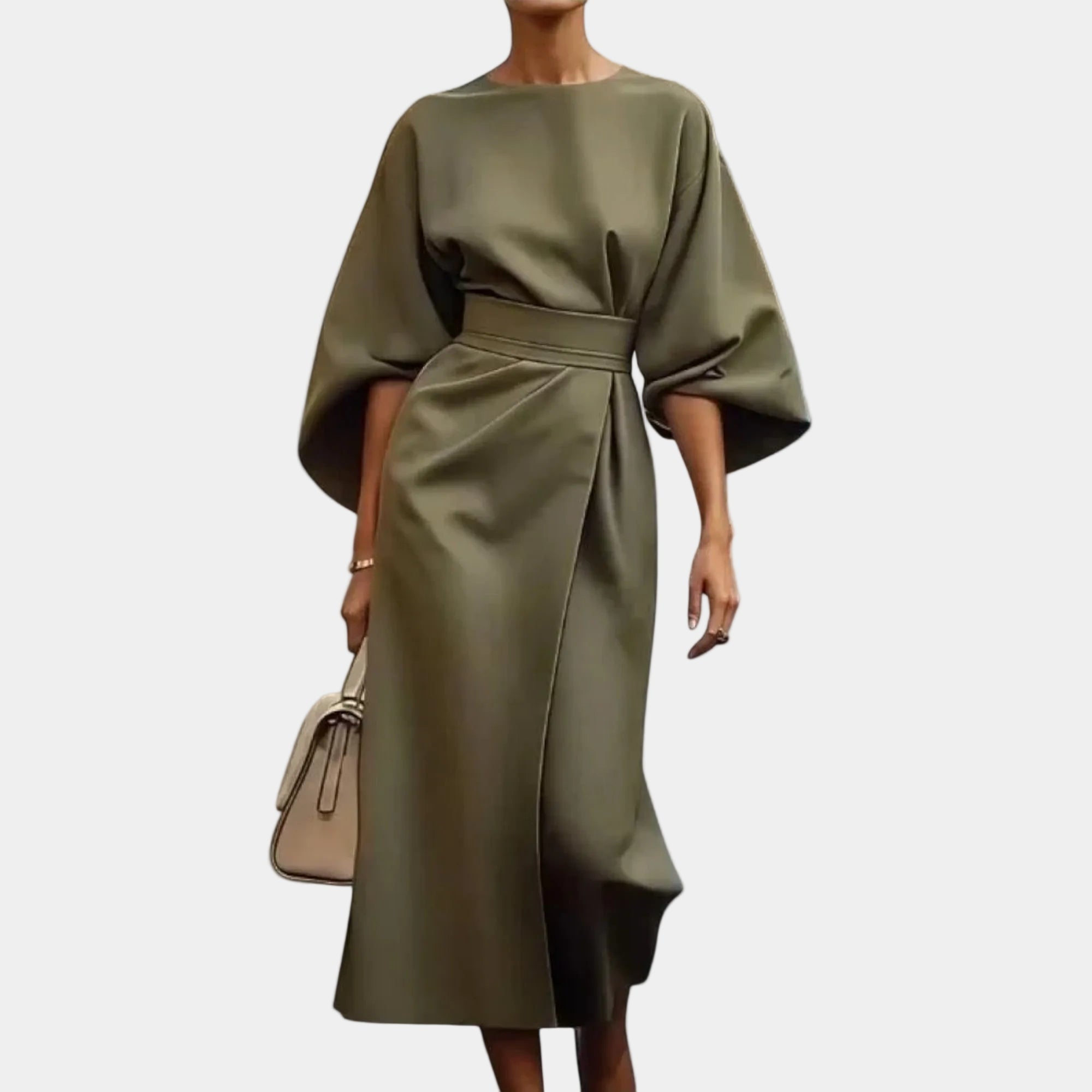Olive satin midi dress with wide batwing sleeves and waist belt, side drape.