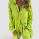 Casual button-up shirt and matching shorts set, lime green, long sleeves