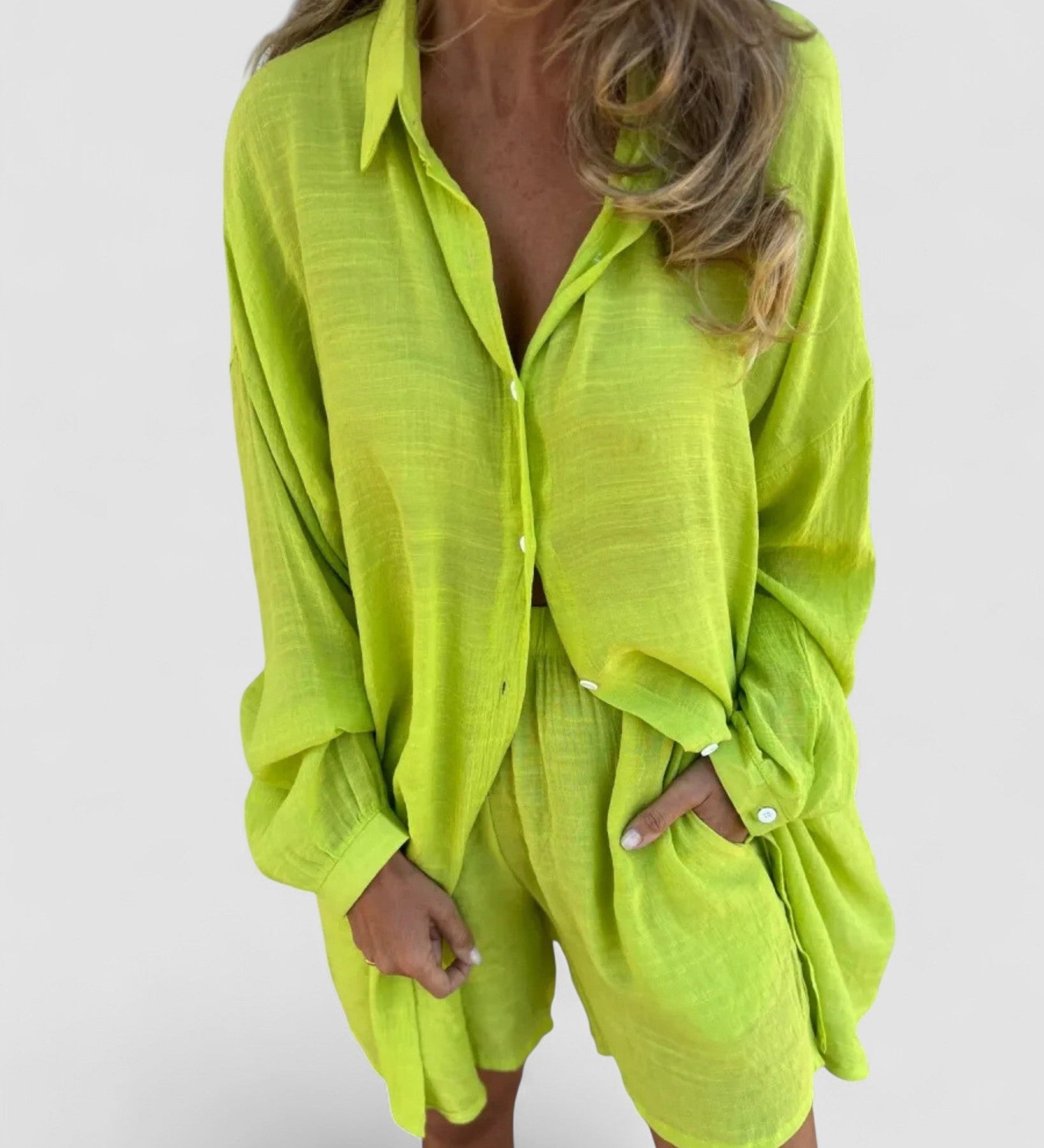 Casual button-up shirt and matching shorts set, lime green, long sleeves