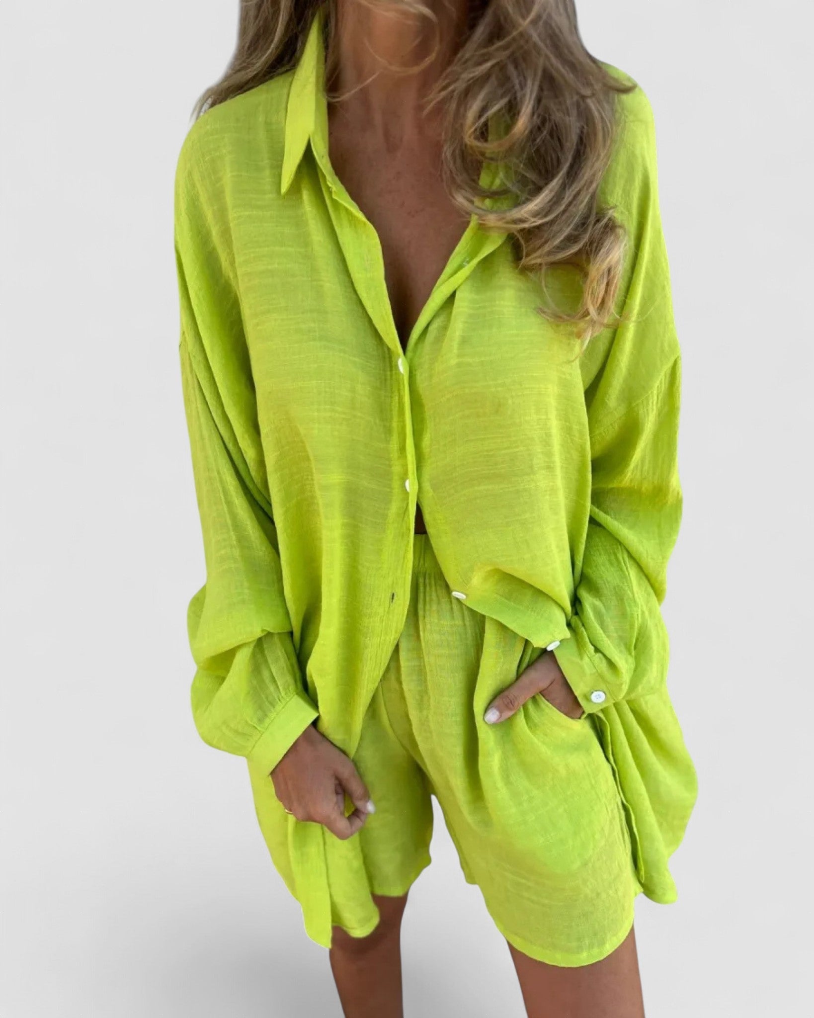 Casual button-up shirt and matching shorts set, lime green, long sleeves