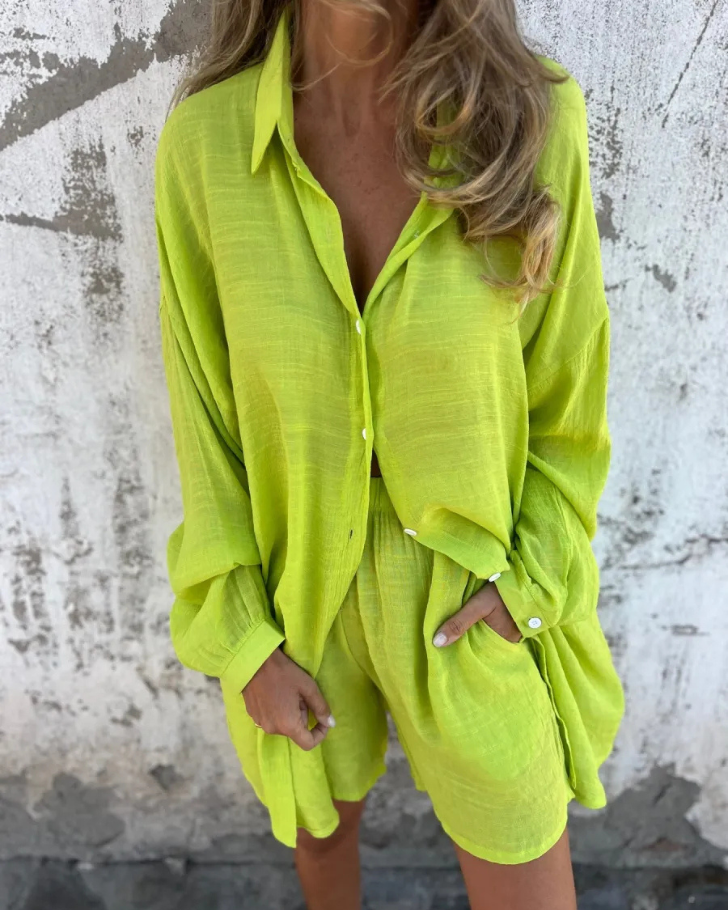 Casual button-up shirt and matching shorts set, lime green, front view with pockets