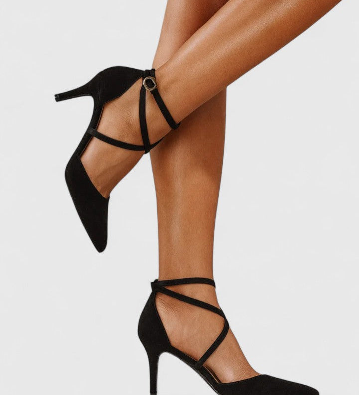 Sylwia orthopaedic heeled shoes in black with pointed toe, ankle strap, and crisscross upper
