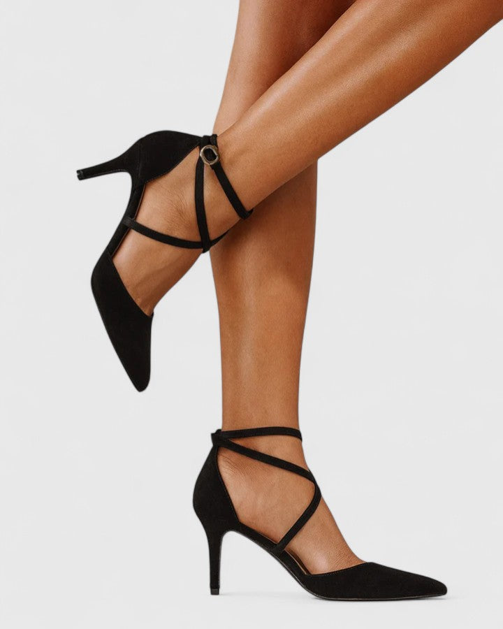 Sylwia orthopaedic heeled shoes in black with pointed toe, ankle strap, and crisscross upper