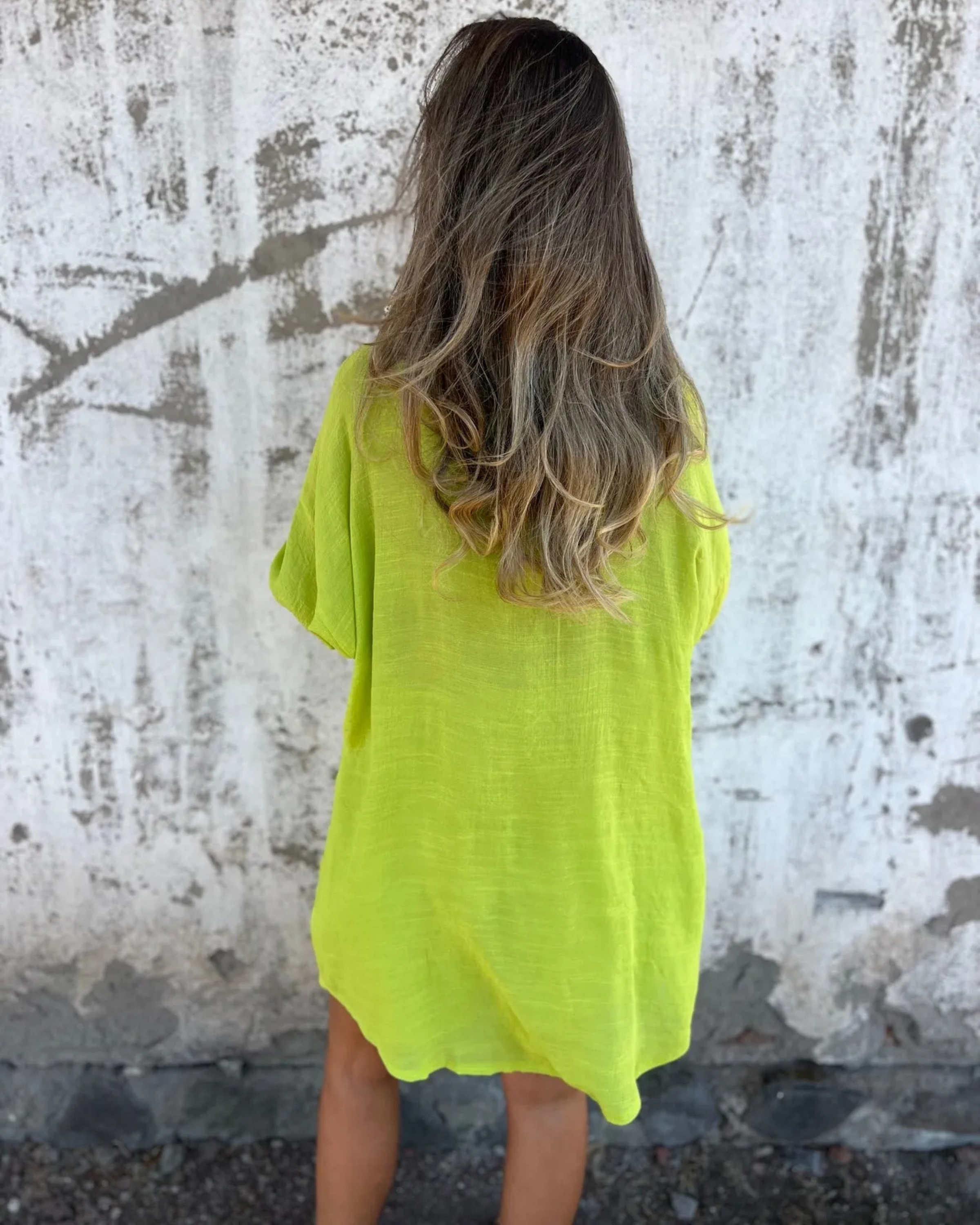 Casual button-up shirt and matching shorts set, lime green, back view