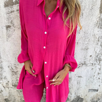 Casual button-up shirt and matching shorts set, fuchsia pink, long sleeves
