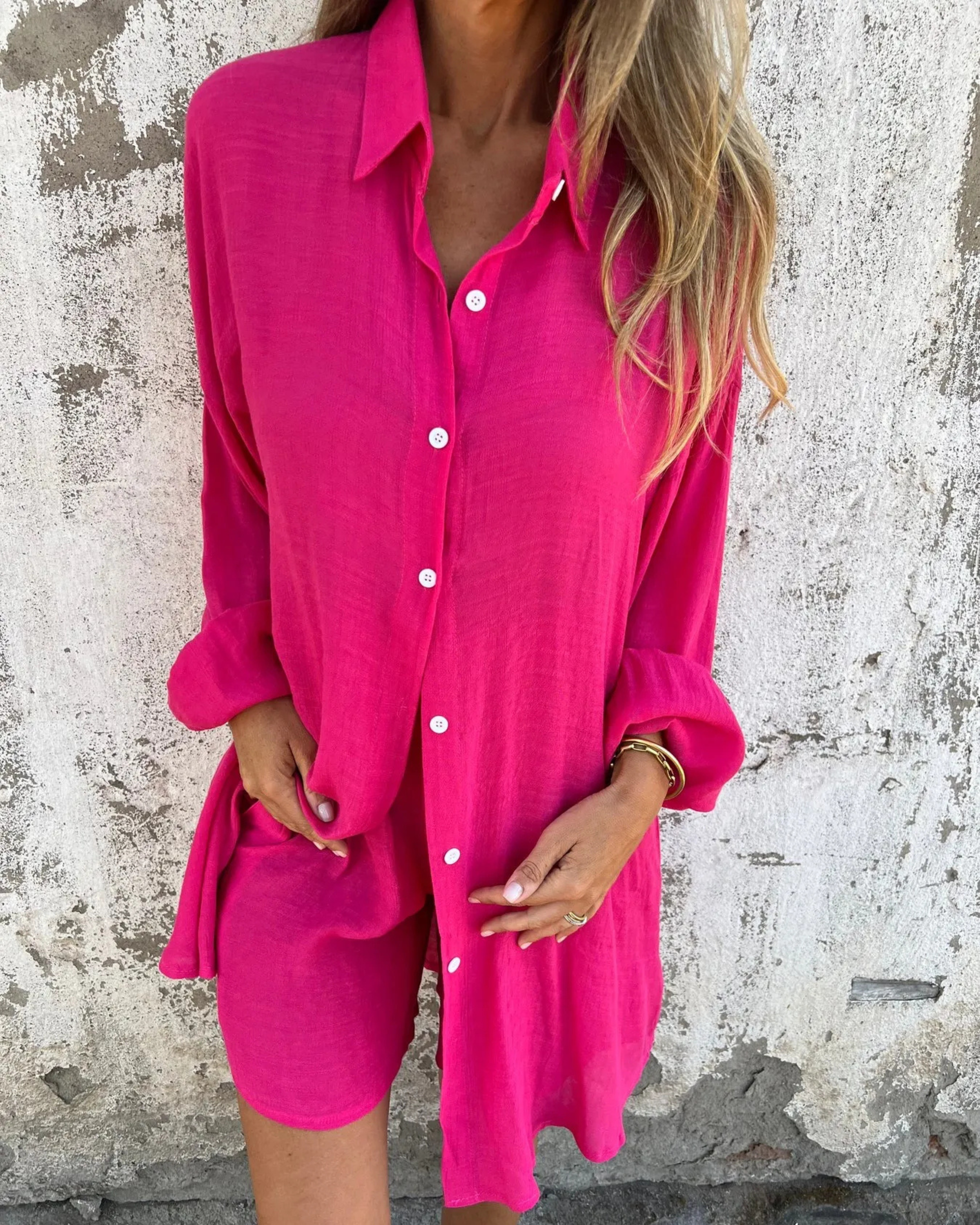 Casual button-up shirt and matching shorts set, fuchsia pink, long sleeves