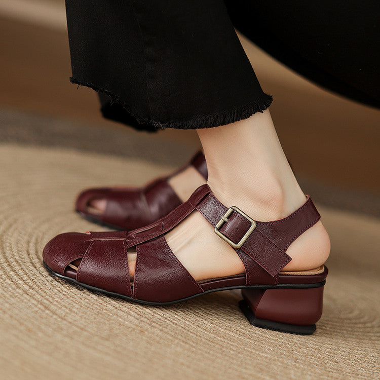 Amaya leather sandals, dark red/burgundy, low block heel with front cross straps