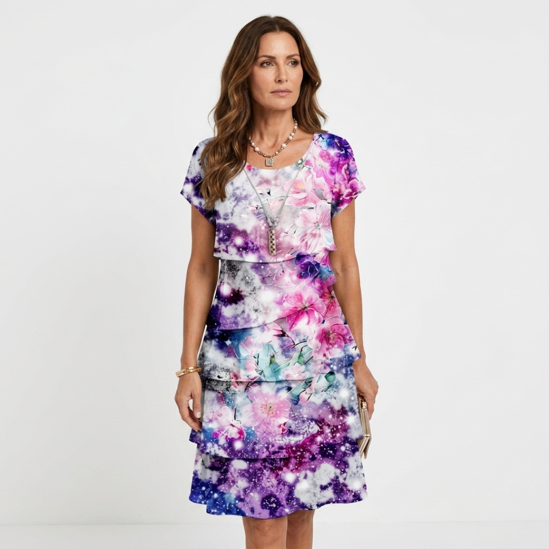 Women’s purple and pink floral print fitted dress with cap sleeves and V neckline