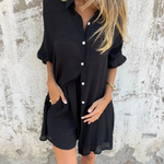 Casual button-up shirt and matching shorts set, black, long sleeves