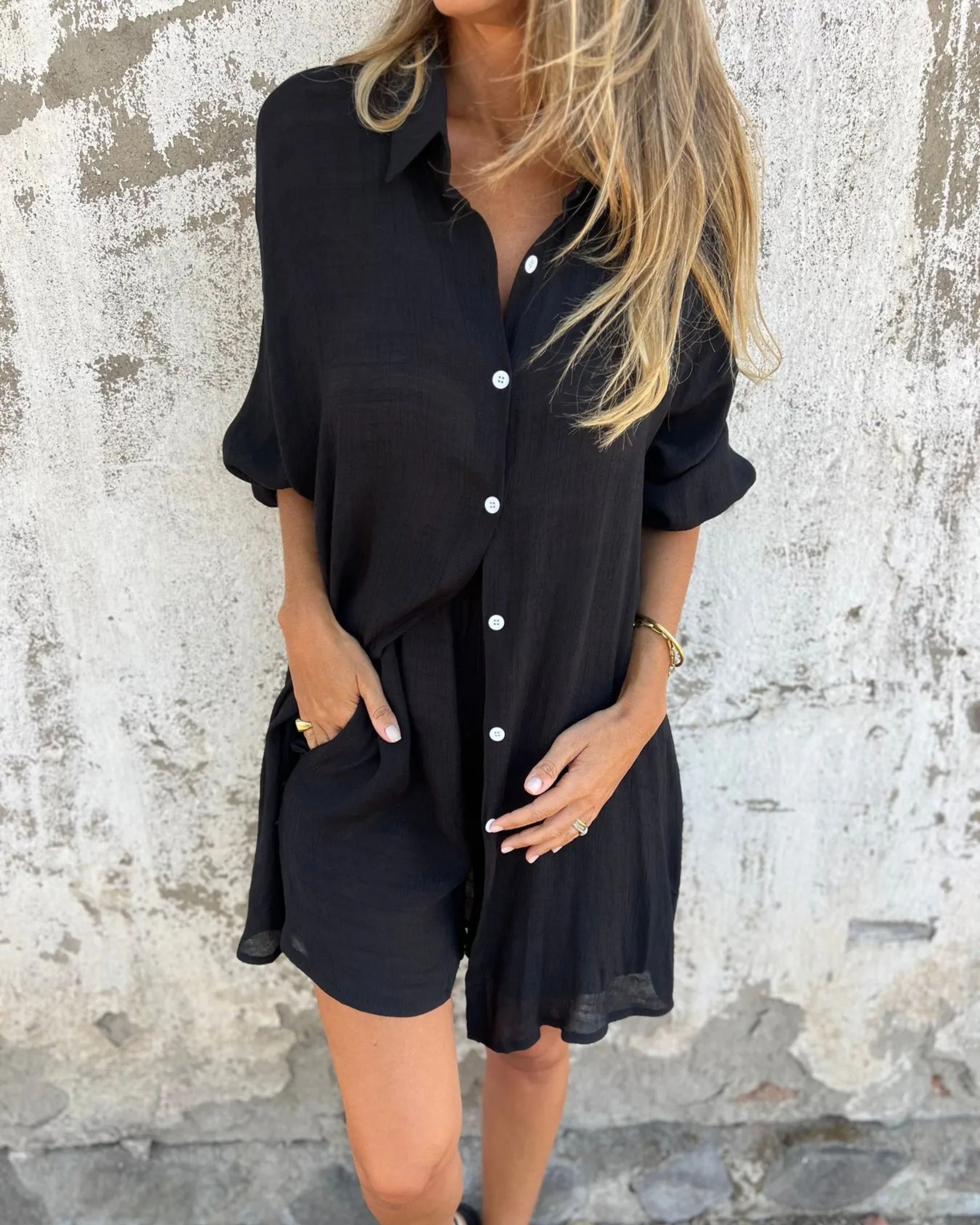 Casual button-up shirt and matching shorts set, black, long sleeves