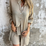 Casual button-up shirt and matching shorts set, taupe beige, front view