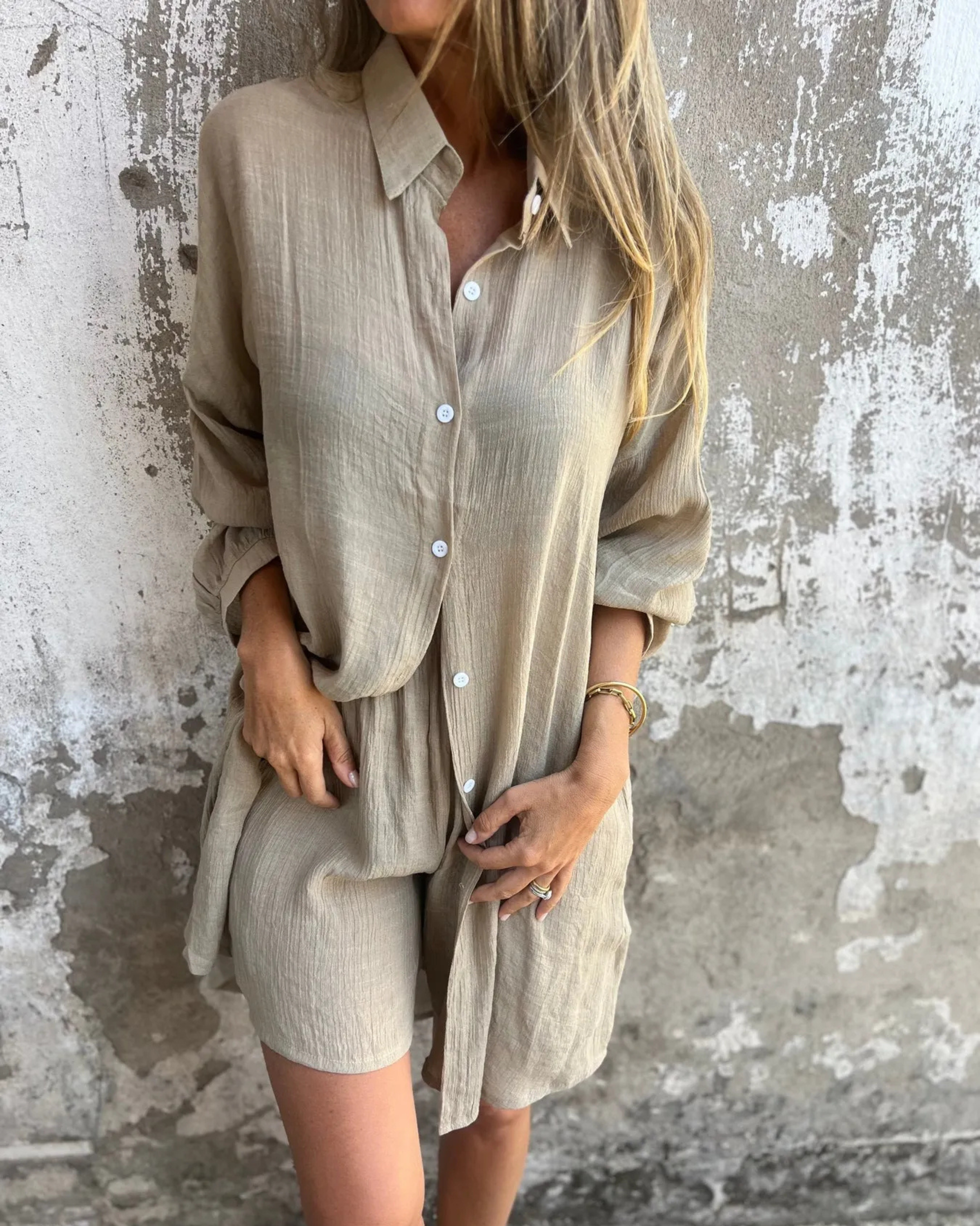 Casual button-up shirt and matching shorts set, taupe beige, front view