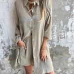 Casual button-up shirt and matching shorts set, taupe beige, long sleeves