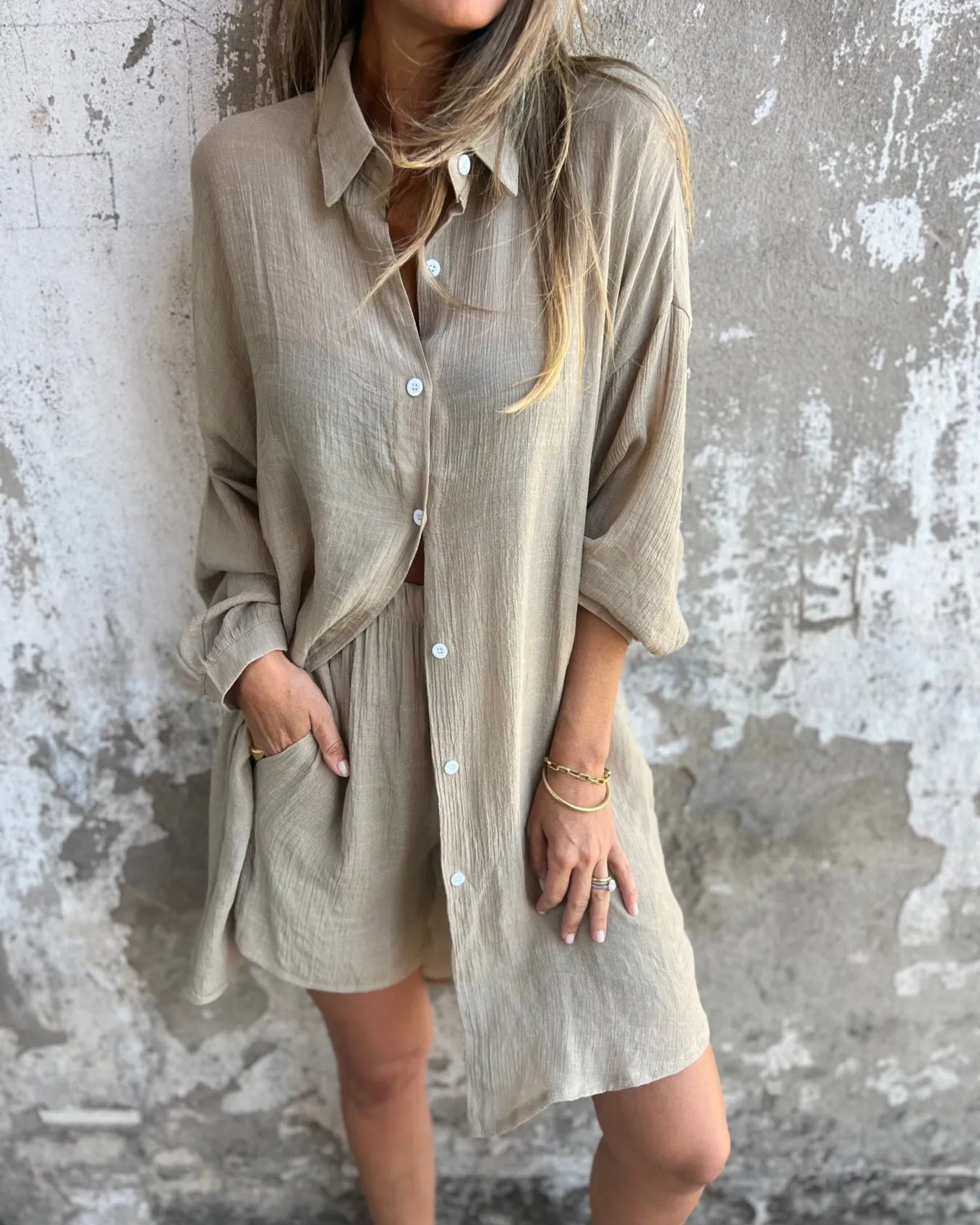 Casual button-up shirt and matching shorts set, taupe beige, long sleeves