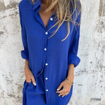 Casual button-up shirt and matching shorts set, royal blue, long sleeves