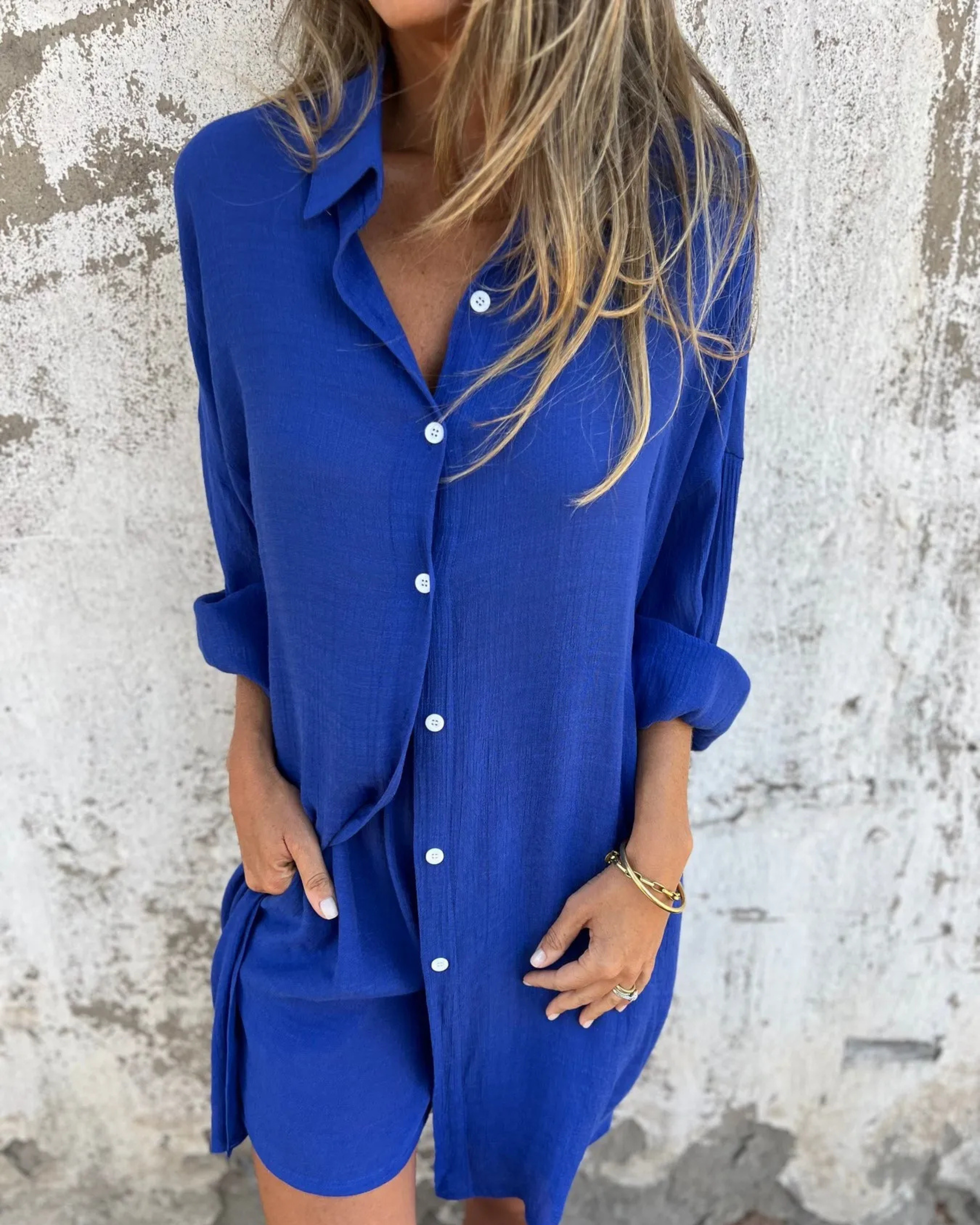 Casual button-up shirt and matching shorts set, royal blue, long sleeves