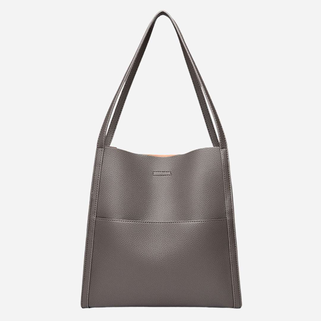 Gray-brown textured shoulder bag with top handles and front seam detail