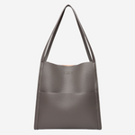Gray-brown textured shoulder bag with top handles and front seam detail