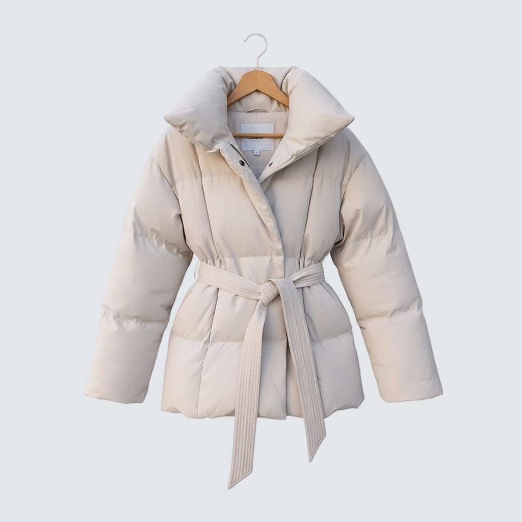 Cream oversized puffer jacket with hood and self-tie belt, button front