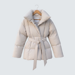 Cream oversized puffer jacket with hood and self-tie belt, button front