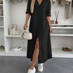 Oversized shirt dress in black, button-front, short sleeves, side slit hem