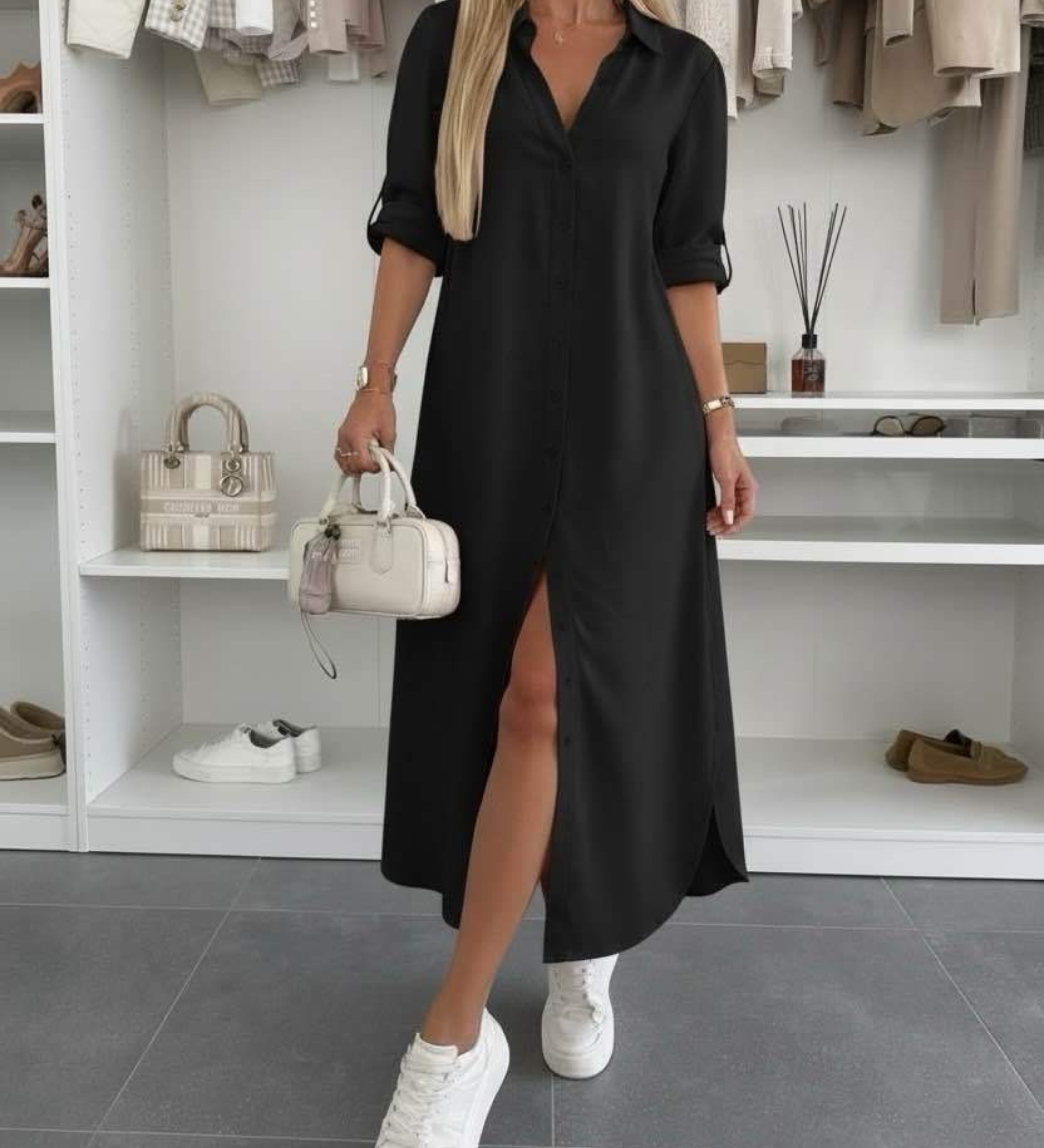 Oversized shirt dress in black, button-front, short sleeves, side slit hem