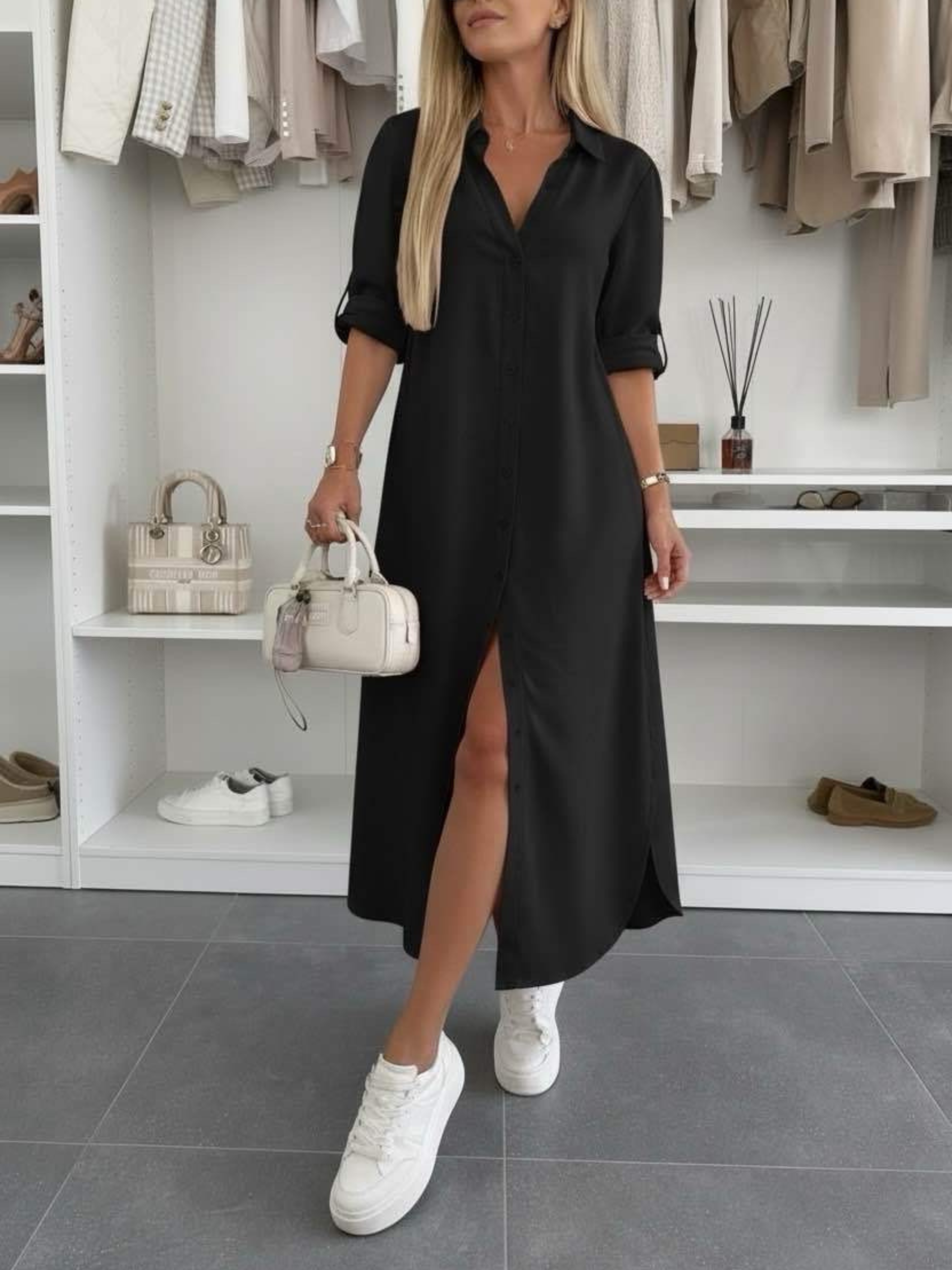 Oversized shirt dress in black, button-front, short sleeves, side slit hem