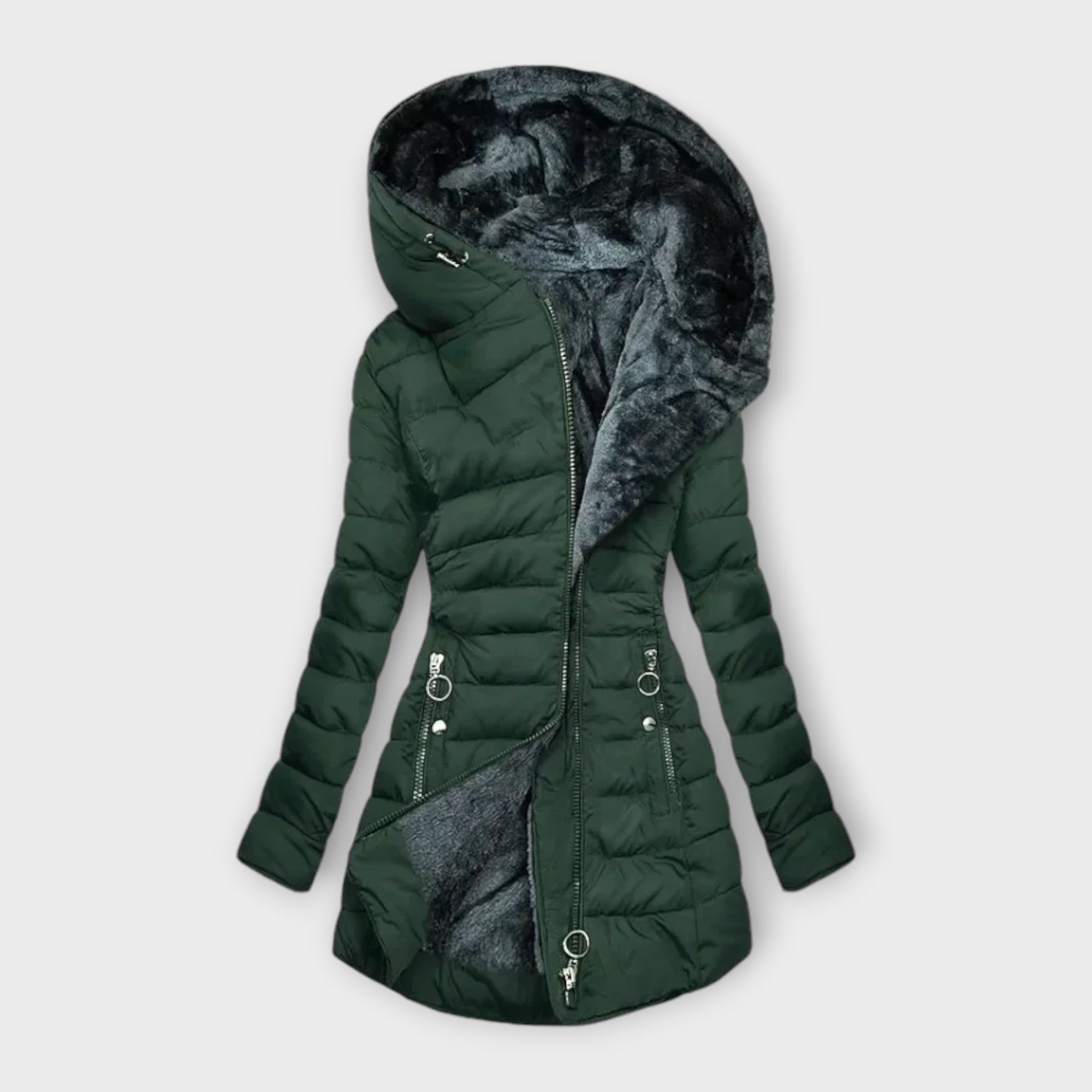 Dark green quilted hooded jacket with full zipper, contrast lining, zip pockets