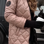 Hooded puffer coat, light pink, quilted diamond pattern, front zip closure