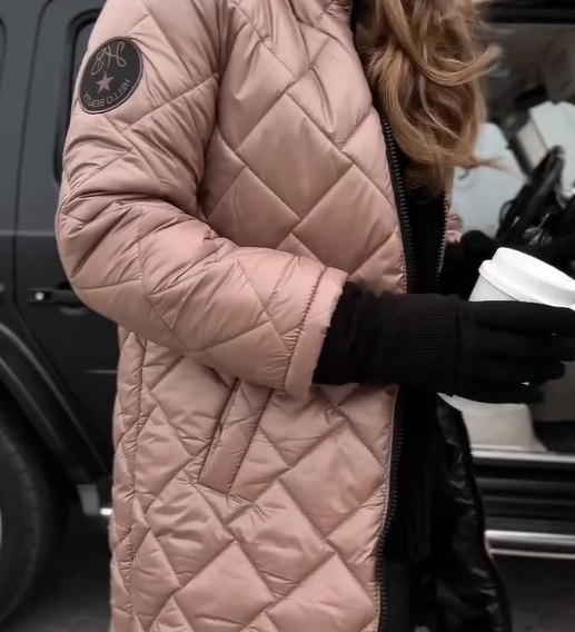 Hooded puffer coat, light pink, quilted diamond pattern, front zip closure