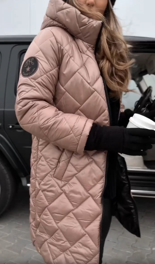 Hooded puffer coat, light pink, quilted diamond pattern, front zip closure