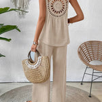 Light beige tank and wide-leg pants set with open crochet back panel