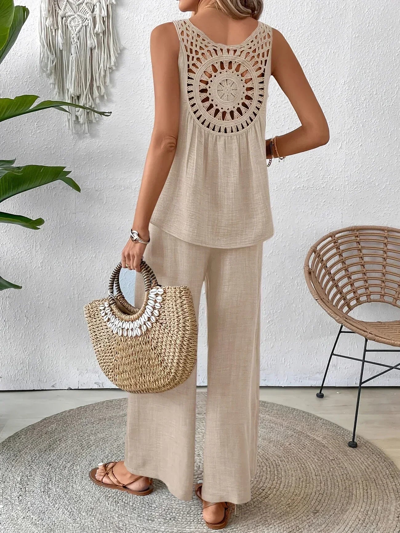 Light beige tank and wide-leg pants set with open crochet back panel