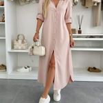 Oversized shirt dress in blush pink, button-front, short sleeves, side slit hem